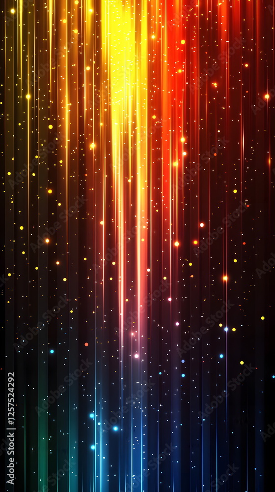 Poster colorful lights cascading in vertical lines with shimmering stars on a dark background creating a vi