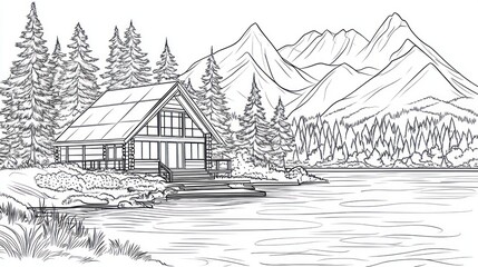 Lakeside cabin mountain view nature illustration design