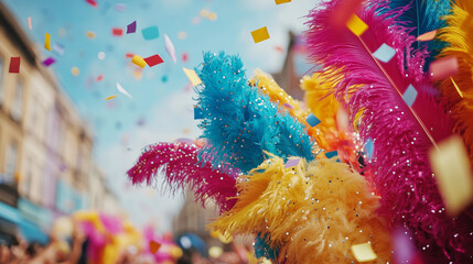 Notting Hill Carnival, colorful parade with dancers wearing exotic feather costumes and glittering accessories, streets filled with cheering spectators, Ai generated images