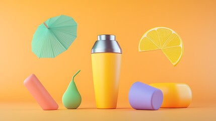 Summer Cocktail Shaker Scene with Pastel Fruit and Umbrella