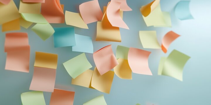 A bunch of colorful sticky notes are flying through the air. The notes are in various shapes and sizes, and they are scattered all over the image. Concept of chaos and disorganization