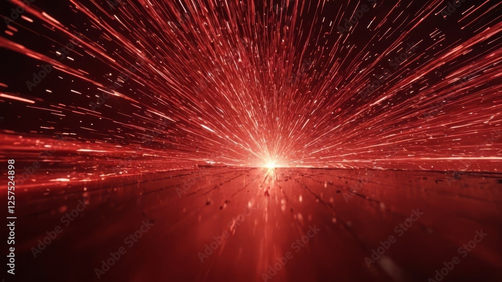 Poster radiating red light beams burst from a central point in a dynamic, abstract setting