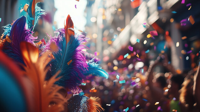 Notting Hill Carnival, colorful parade with dancers wearing exotic feather costumes and glittering accessories, streets filled with cheering spectators, Ai generated images