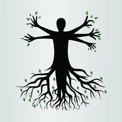 silhouette of a girl with a flower A silhouette of a human transforming into tree branches, showing nature’s connection, with a white background.
