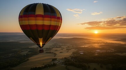 Obraz premium Hot air balloon sunrise aerial view tranquil landscape