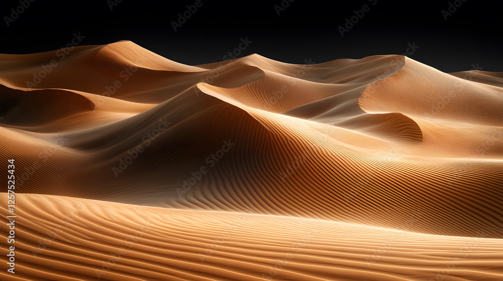 Poster golden sand dunes under soft light with intricate patterns and shadows in a vast desert landscape at