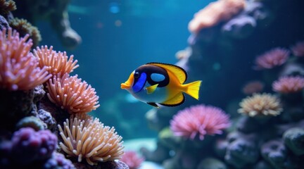 Obraz premium A vibrant, yellow and blue fish swims gracefully amidst a coral reef's delicate, pink and orange anemones