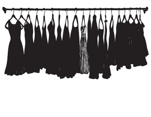 Hand drawn wardrobe sketch. Clothes, dress on the hangers