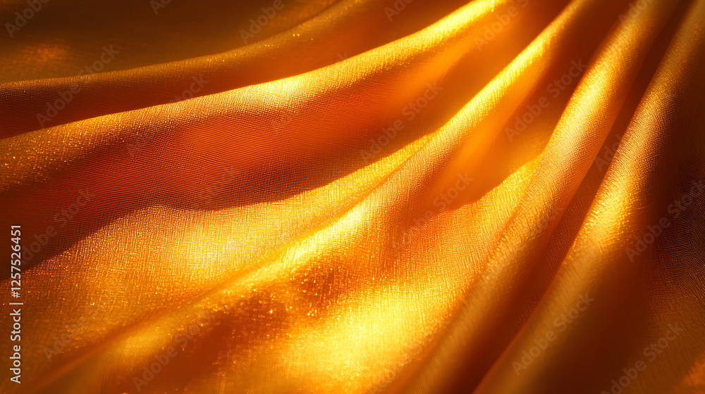 Poster golden silk fabric draped elegantly with soft waves and shimmering light reflections creating a warm