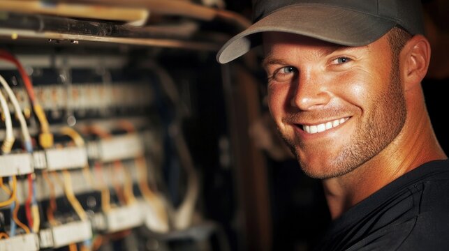Smiling electrician working on electrical panel