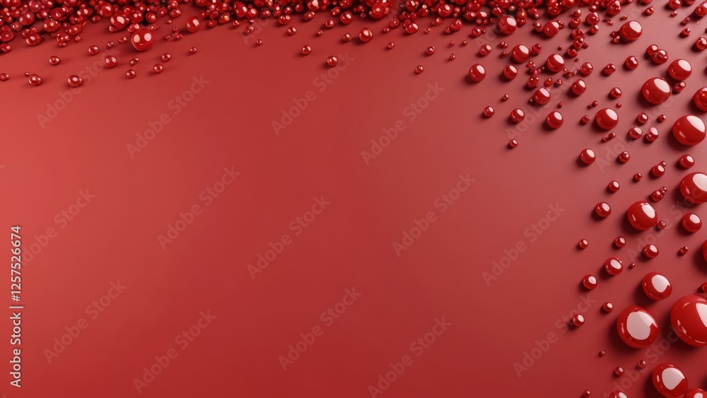 Poster red 3d spheres scattered across a smooth red background, creating an abstract pattern