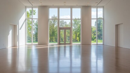Obraz premium Sunlit gallery interior with large windows, showcasing tranquil landscape