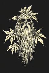 Skull with Long Hair and Cannabis Leaves