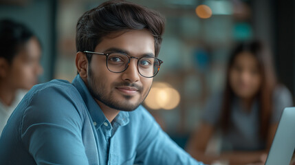 Fototapeta premium Focused Young Man in Blue Shirt Working on Laptop – Modern Office Environment with Professionals – Serious & Productive Business Atmosphere in a Collaborative Workspace with Large Windows