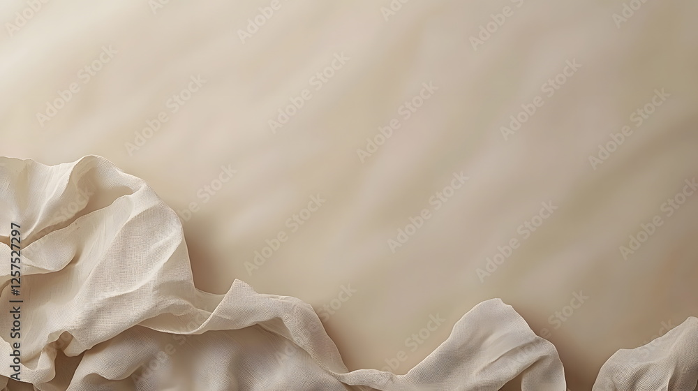 Poster soft cream fabric draped gracefully with delicate ruffles creating an elegant texture and gentle und