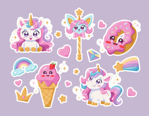 Naklejka premium Children’s magic elements: unicorn, donut character, magic wand, ice cream cone, rainbow, heart, shooting star, crown, diamond. Vector Kawaii Children's Illustrations Isolated.