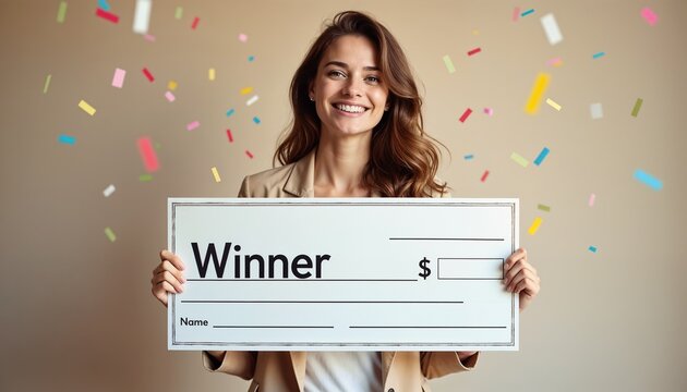 Smiling woman holding oversized blank winner check with confetti