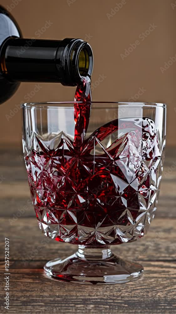 Poster rich red wine flowing from a bottle into a glass, creating elegant ripples and reflections