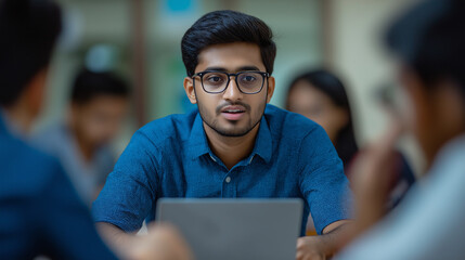 Obraz premium Focused Young Man in Blue Shirt Working on Laptop – Modern Office Environment with Professionals – Serious & Productive Business Atmosphere in a Collaborative Workspace with Large Windows