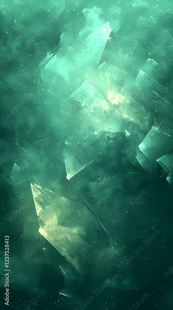 Poster fragments of translucent glass floating in an ethereal teal and green abstract background with soft 
