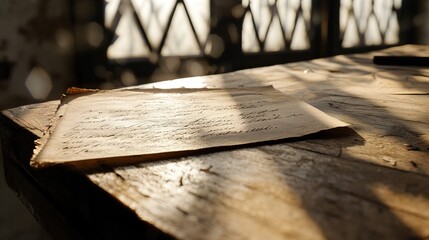 Weathered handwritten letter on aged paper placed on wooden desk, symbolizing a jail letter, evoking somber and reflective emotions, historical and nostalgic concept.