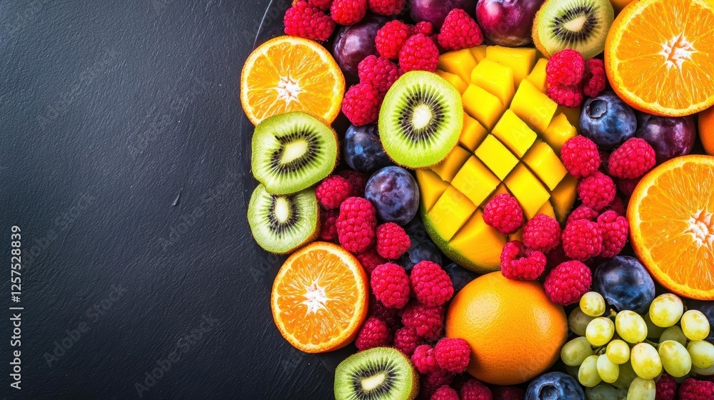 Aufkleber variety of fresh fruits and berries arranged in a circular pattern on a white background