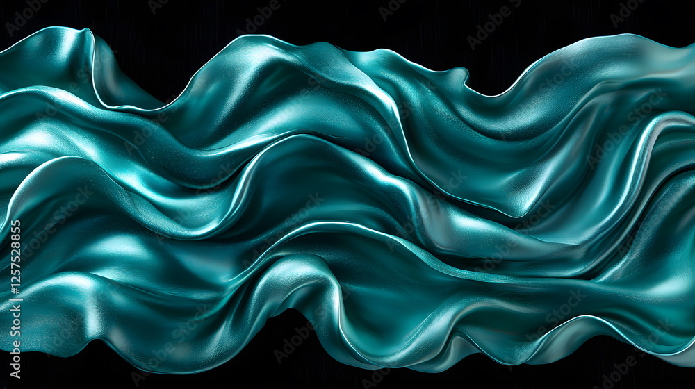 Aufkleber flowing teal silk fabric draped elegantly creating soft waves against a black background in a dramat