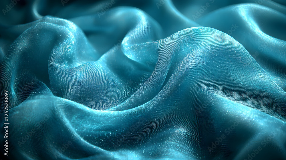 Poster silk fabric draped in flowing waves with a shimmering blue texture creating a soft, elegant appearan