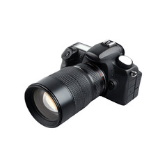 A sleek DSLR camera featuring a large lens, ideal for capturing high-quality images in various settings and conditions.