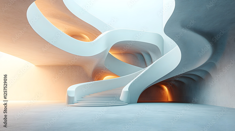 Poster curved modern staircase with soft lighting in a minima architectural space showcasing fluid design e