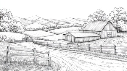 Fototapeta premium Rural Farm Scene Country road leads to barns in rolling hills