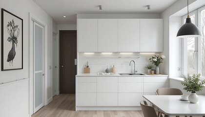 Modern minimalist white kitchen interior design with sleek cabinets, natural light, and stylish decor