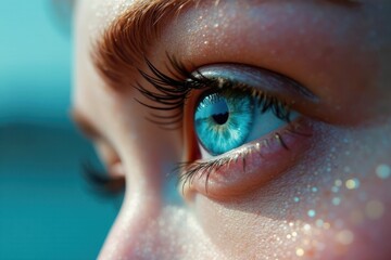 Close-up view of a vibrant blue eye, showcasing the intricate details of the iris, eyelashes, and skin texture with subtle sparkle
