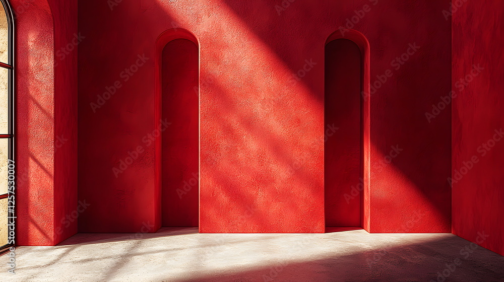 Aufkleber vibrant red wall interior with sunlight streaming through large window and shadows creating interest