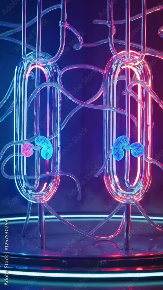 Poster futuristic kidneys pulsating with vibrant blue and red energy, surrounded by swirling mist, creating