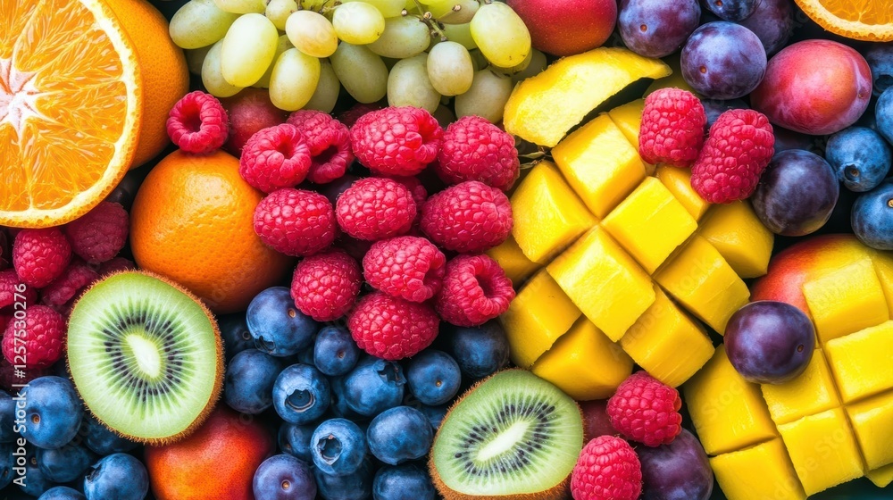 Poster fresh assortment of various fruits including oranges arranged on a wooden table