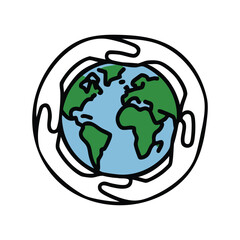 green globe with earth Line art of a globe formed by interlocking human hands, symbolizing global unity for environmental protection, with a white background.