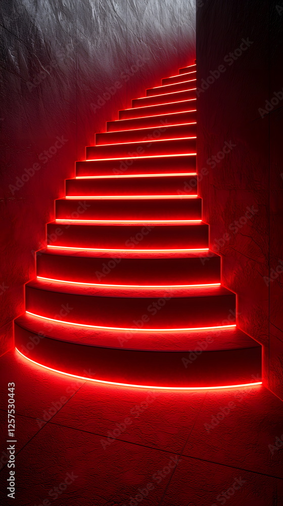 Poster glowing red staircase illuminated with neon light leading upward in a modern architectural setting w