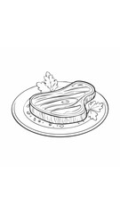 Steak Meat Beef Food Eatery Meal Coloring Kid Book Page in Black and White. Monochrome and Colored Samples
