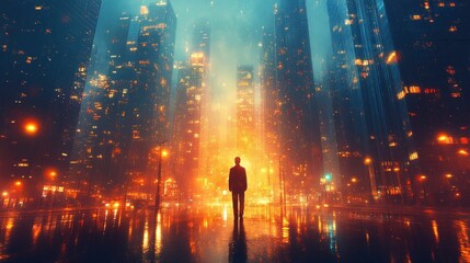 Lone figure walks rain-slick city street at night