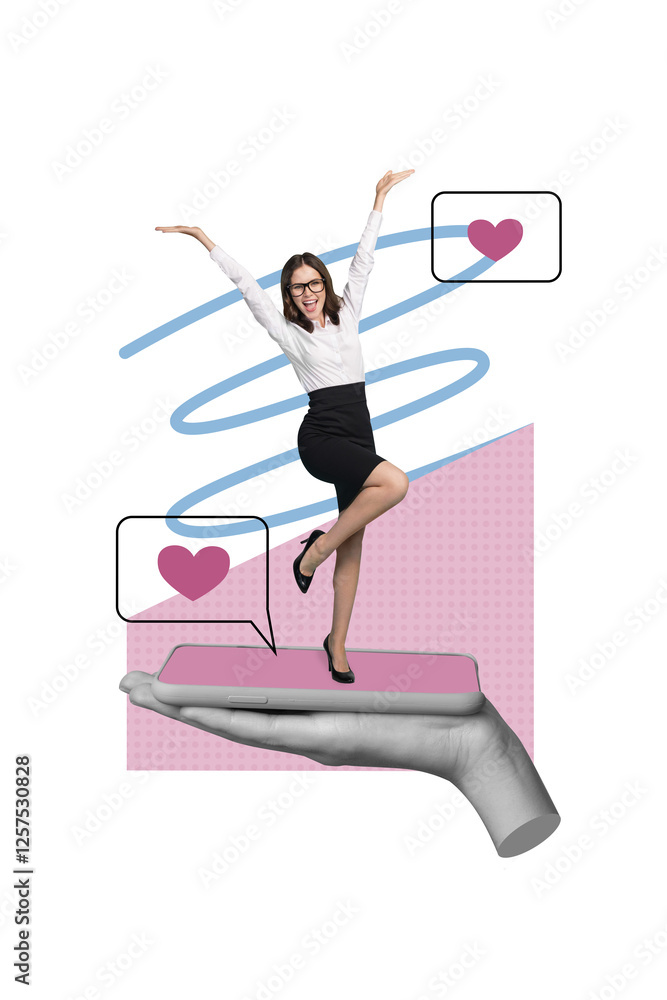 Aufkleber creative abstract template graphics collage image of excited lady getting notifications modern gadge