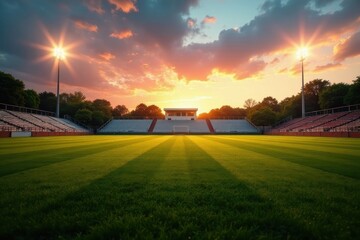 Fototapeta premium Sunset Serenade at the Empty Stadium A Vivid Panorama of a Lush Green Field Bathed in the Golden Hues of Evening