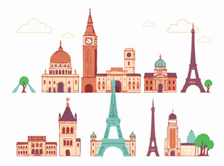 Fototapeta premium Contemporary Interpretation: Famous Landmarks Vector Illustration Set