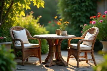 Fototapeta premium Tranquil wicker patio furniture set with blooming flowers on a warm summer afternoon