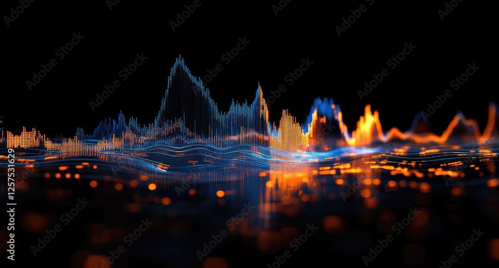Poster abstract data visualization, digital waves, dark background, glowing lights