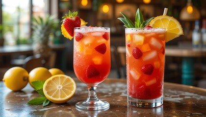 Refreshing Strawberry Lemonade Cocktails with Ice and Lemon Slices, garnished with mint and strawberries, served in elegant glassware on a wooden table at a cafe.
