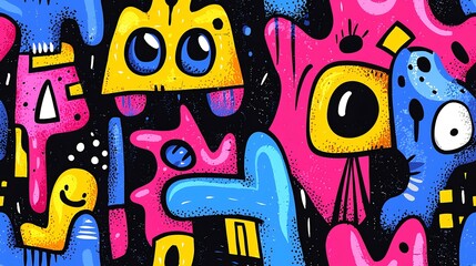 Obraz premium Colorful abstract monsters and shapes design, playful background, ideal for kids' products or textiles