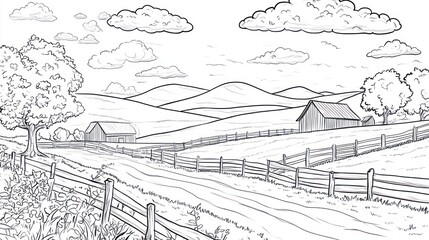 Rural road, farm, hills, sunset, countryside sketch, coloring page