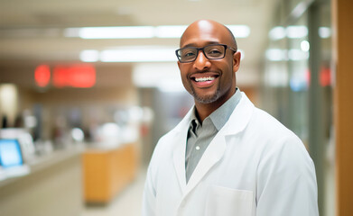 Obraz premium A confident black male doctor wearing a white coat and glasses, smiling warmly in a busy hospital emergency department setting. 