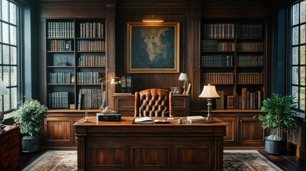 Luxurious study, rich wood, leather chair, antique books